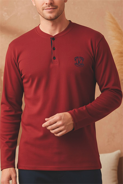 Erkek Patlı Yaka Kareli Pamuklu Pijama Takımı | Bordo