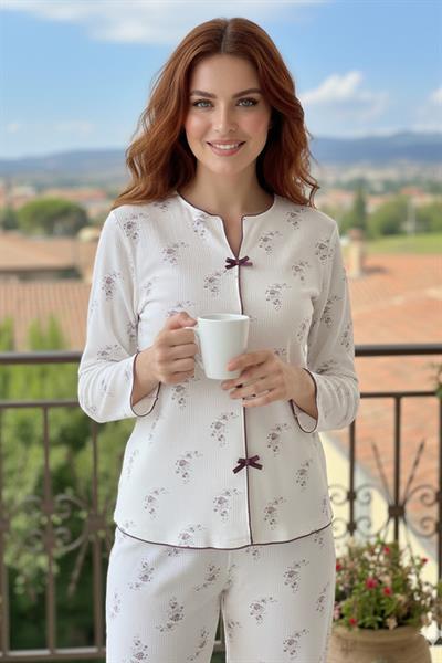 Kadın Kapadokya Patlı Yaka Çiçek Desenli Pijama Takımı | Bordo 500