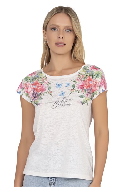 Kadın Floral Desenli Yazı Detaylı Bluz | Ekru 25792