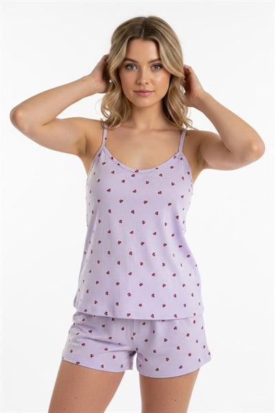 Kadın İp Askılı Yumuşak Dokulu Küçük Kiraz Desenli Şortlu Pijama Takım | Llila 70111-4714