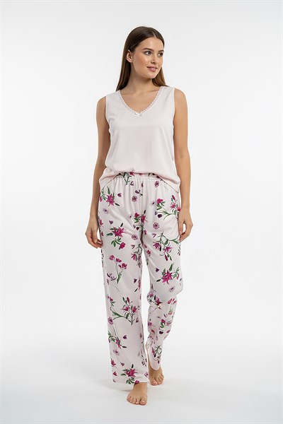 Kadın % 100 Ring Viskon V Yaka Altı Desenli Kalın Askılı Pijama Takımı | Somon 40108-4768