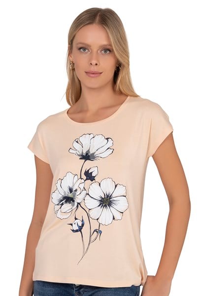 Kadın Viskon Çiçek Desenli Kısa Kol Bluz | Pudra 26533