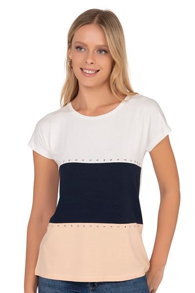 Kadın Renk Bloklu Taş Detaylı Kısa Kol Bluz | Beyaz 25874