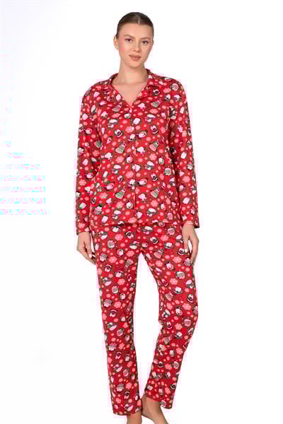 Lizbon Kumaş İçi Şardonlu Kırmızı Kış Desenli Önden Düğmeli Kadın Pijama Takımı