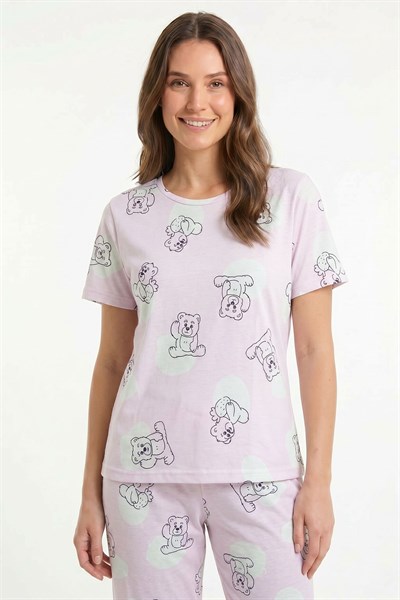 Kadın Bisiklet Yaka Yumuşak Dokulu Ayıcık Desenli Kısa Kol pijama Takım | Pembe 70132-4680