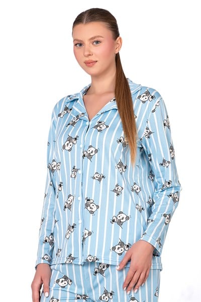 Lizbon Kumaş İçi Şardonlu Panda Desenli Önden Düğmeli Kadın Pijama Takımı