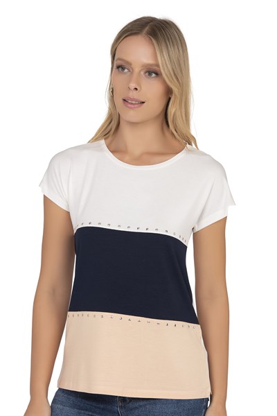 Kadın Renk Bloklu Taş Detaylı Kısa Kol Bluz | Beyaz 25874