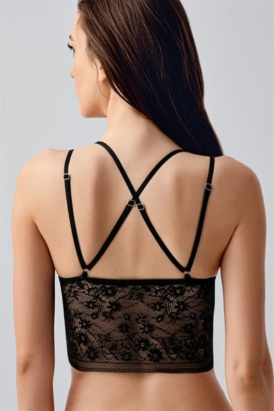 Çiçek Motifli Uzun Dantel Crop Bralet | Siyah 8329