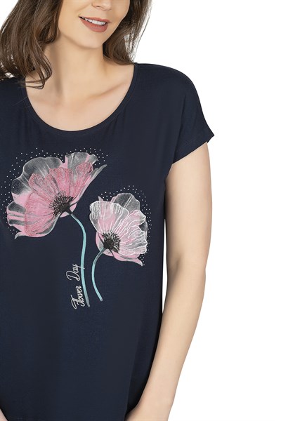 Kadın Viskon Desenli Kısa Kol Bluz | Lacivert 25865