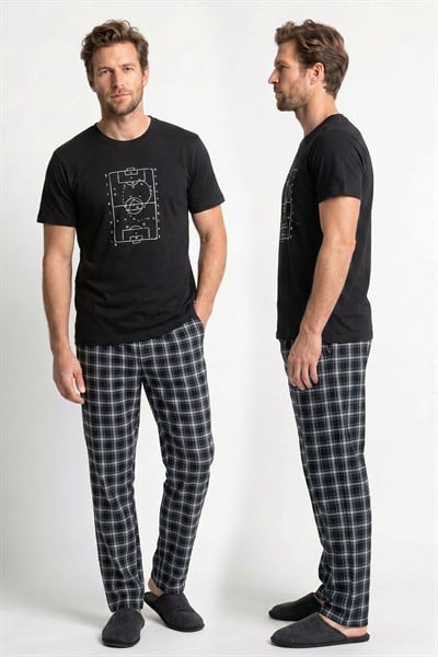 Erkek Penye Süprem Genç Bisiklet Yaka Altı Uzun Pijama Takım | Siyah 65145-726