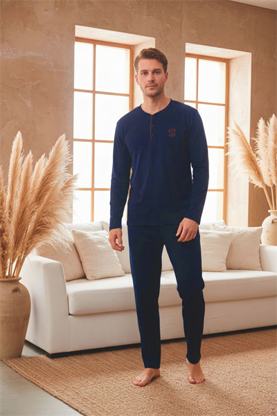Erkek Uzun Kollu 4 Mevsim Penye Süprem Önü Patlı Pijama Takımı | Lacivert 802