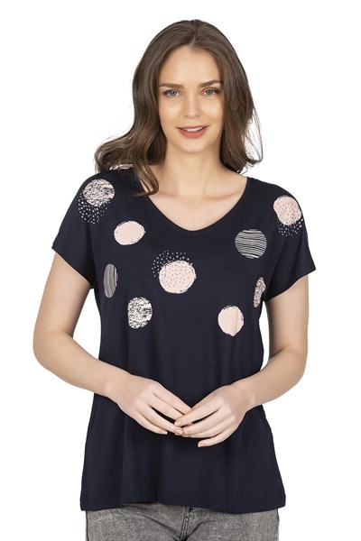 Kadın Modern Desenli Kısa Kol Viskon Bluz  | Lacivert 25862