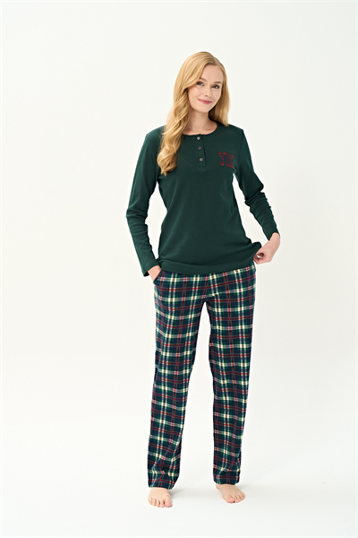 Kadın İnterlok Eşli Bisiklet Yaka Pijama Takım | Yeşil 3250