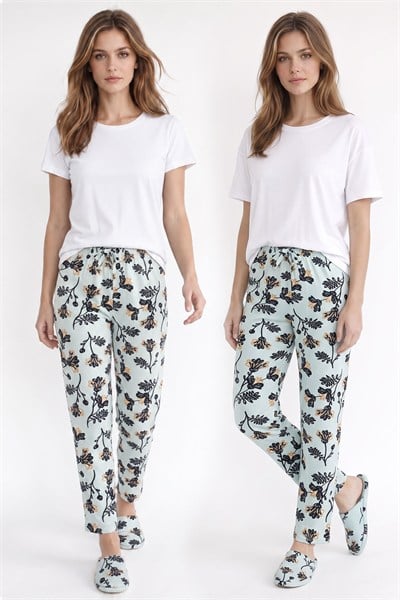 Kadın Süet Mint Çiçek Desen Pijama Tek Alt