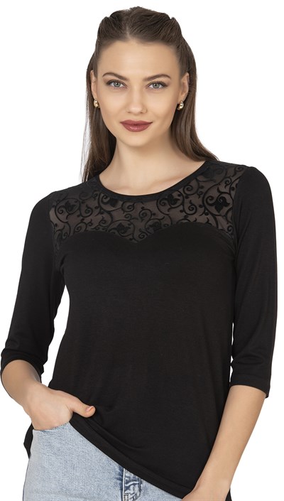 Kadın Transparan Yaka Garnili Bluz | Siyah 25250