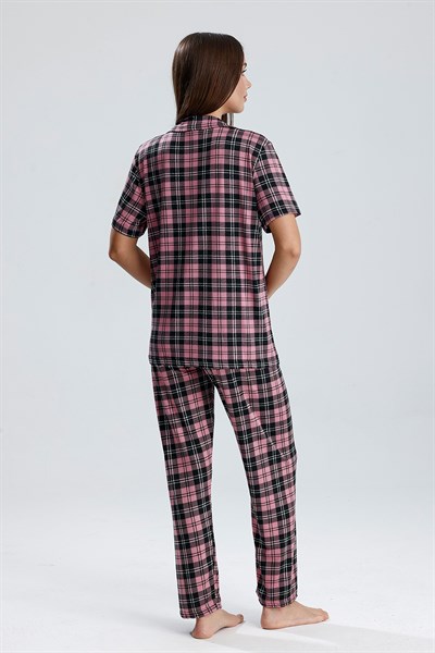 Kadın Önden Düğmeli Pijama Takım Ekose Pembe