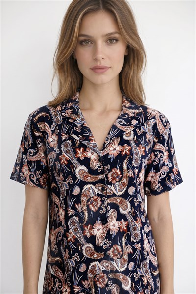 Kadın Düğmeli  Şal Desen Kısa Kollu Pijama Takım 