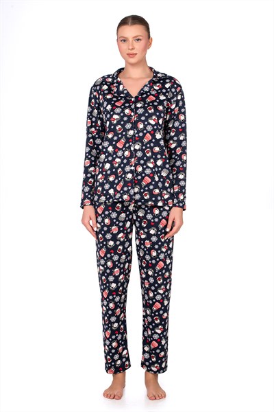 Lizbon Kumaş İçi Şardonlu Lacivert Kış Desenli Önden Düğmeli Kadın Pijama Takımı