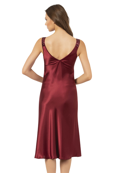 Kadın Saten Dantel Detaylı Midi Gecelilk Sabahlık Takım | Bordo 7837