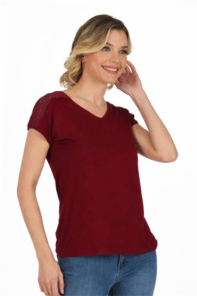 Kadın Omuz Dantel Detaylı Örme Bluz | Bordo 25465