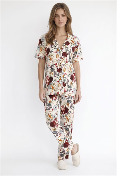 Kadın Düğmeli Şal Desen Kısa Kollu Pijama Takım