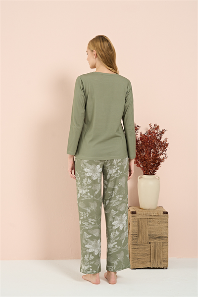 Kadın İnterlok Battal Önü Patlı Pijama Takım | Yeşil 3206