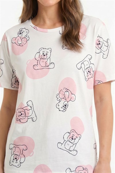 Kadın Bisiklet Yaka Yumuşak Dokulu Büyük Ayıcık Desenli Kısa Kol pijama Takım | Ekru 70132-3293