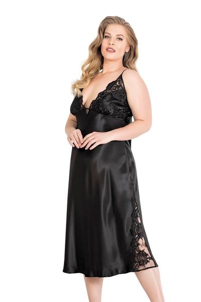 Büyük Beden Dantel Detaylı Uzun Gecelik Sabahlık Takım | Siyah 6173