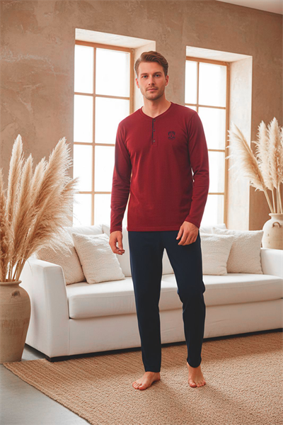 Erkek Uzun Kollu 4 Mevsim Penye Süprem Önü Patlı Pijama Takımı | Bordo 800