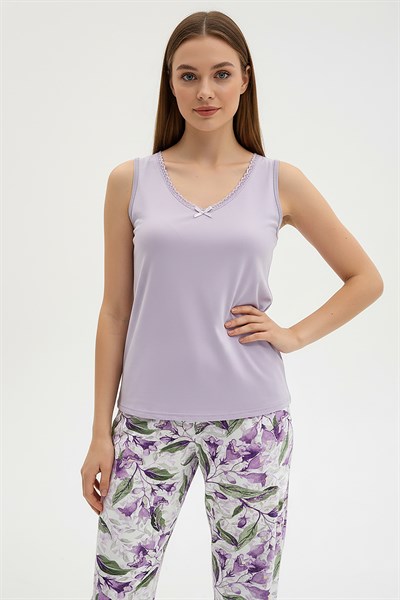 Kadın % 100 Ring Viskon V Yaka Altı Desenli Kalın Askılı Pijama Takımı | Lila 40108-3346