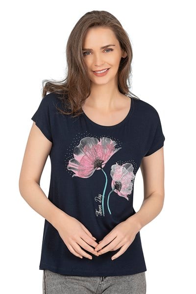 Kadın Viskon Desenli Kısa Kol Bluz | Lacivert 25865