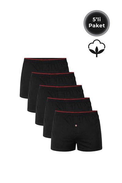 5li Paket Şardonlu Pamuklu Düğmeli Penye Erkek Boxer | Siyah K0041
