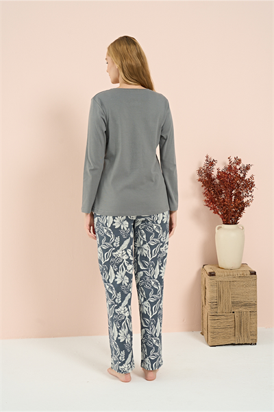 Kadın İnterlok Genç Desenli Önü Patlı Pijama Takım | Gri 3212