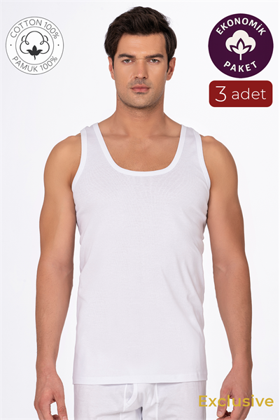 3lü Paket Pamuklu Ribana Kalın Askılı Erkek Atlet | Beyaz K0113