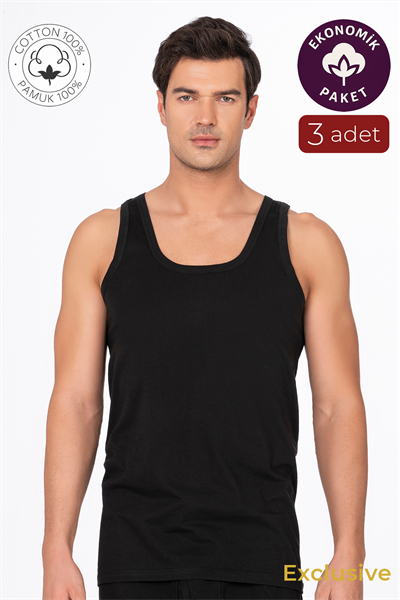 3lü Paket Pamuklu Süprem Kalın Askılı Klasik Erkek Atlet | Siyah K0050