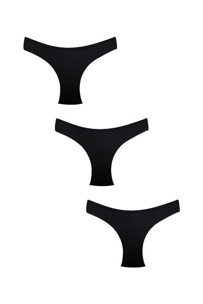 3lü Pamuklu Kabartmalı Ribana Külot | Siyah 0385