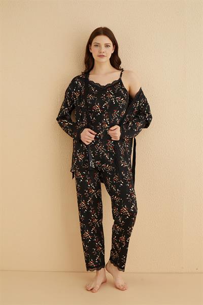 3lü Genç İp Askılı Sabahlıklı Pijama Takım | Siyah 80118-59