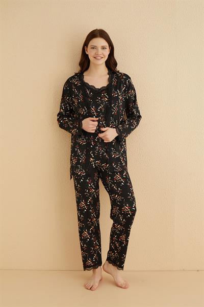 3lü Genç İp Askılı Sabahlıklı Pijama Takım | Siyah 80118-59