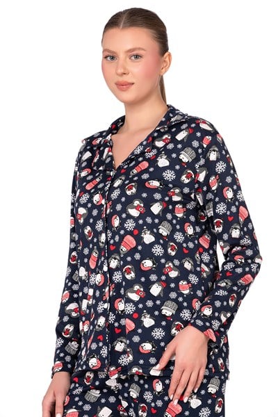 Lizbon Kumaş İçi Şardonlu Lacivert Kış Desenli Önden Düğmeli Kadın Pijama Takımı