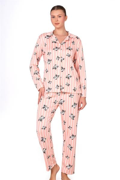 Lizbon Kumaş İçi Şardonlu Somon Panda Desenli Çizgili Önden Düğmeli Kadın Pijama Takımı