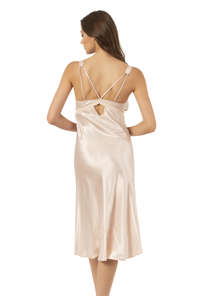 Kadın Saten Derin Yırtmaçlı Gecelik Sabahlık Takım | Fildişi 7834