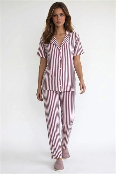 Kadın Düğmeli Dikey Çizgi Kısa Kollu  Pijama Takım | Mor 