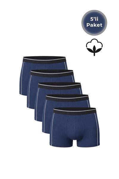 5li Paket Erkek Biyeli Pamuklu Likralı Boxer | Lacivert K11314