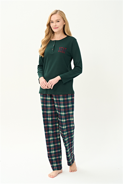 Kadın İnterlok Eşli Bisiklet Yaka Pijama Takım | Yeşil 3250