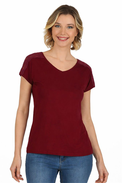 Kadın Omuz Dantel Detaylı Örme Bluz | Bordo 25465