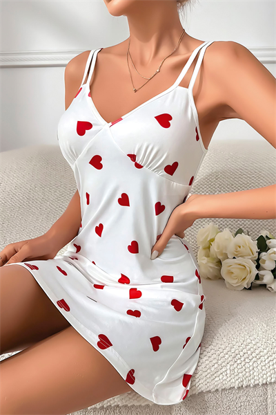 Saten Kalp Desenli Çift Askı Fantezi Gecelik | Beyaz 3790