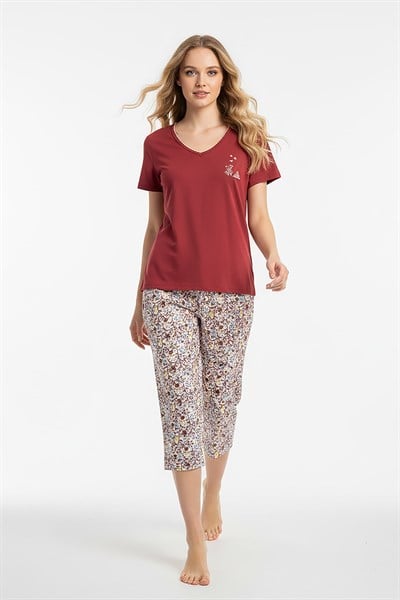 Kadın % 100 Ring Viskon V Yaka Altı Desenli Kapri Pijama Takımı | Bej 40111-4053