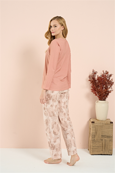 Kadın İnterlok Battal Önü Patlı Pijama Takım | Somon 3213