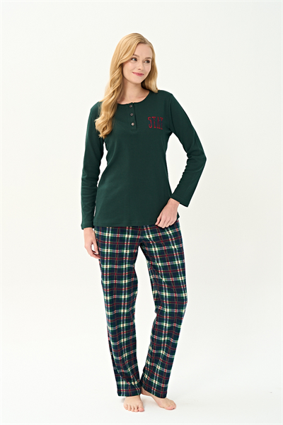 Kadın İnterlok Eşli Bisiklet Yaka Pijama Takım | Yeşil 3250