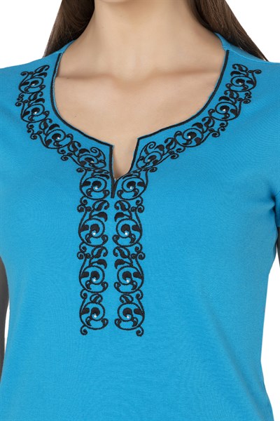 Kadın Nakış Detaylı Kısa Kol Pamuklu Bluz | Turkuaz 21191